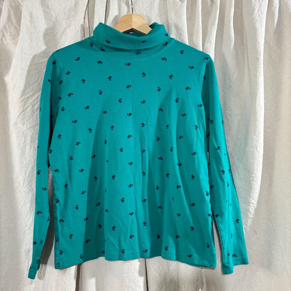 St Johns Bay Womens Teal Green Scottie Dog Print Cotton Turtleneck Top‎ Large